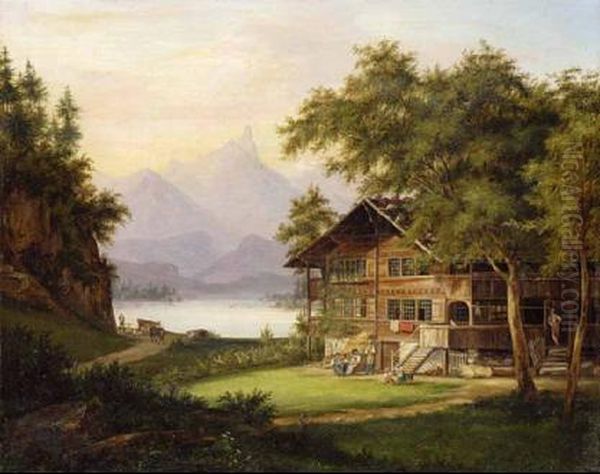 Blick Auf Einen Gebirgssee In Der Schweiz, Mit Einem Bauernhaus. Oil Painting by Johann Jakob Falkeisen