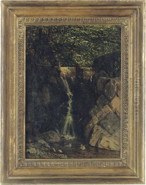 A Waterfall Illuminated By Sunlight Oil Painting by F. Famin