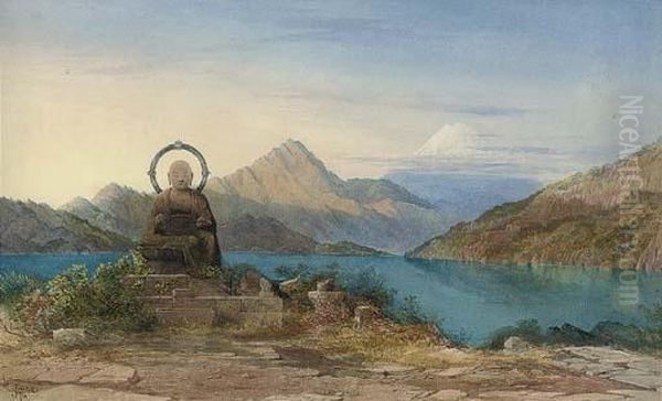 A Buddhist Monument By A Lake, With Mount Fuji Beyond Oil Painting by Walter, Major-Generl Fane