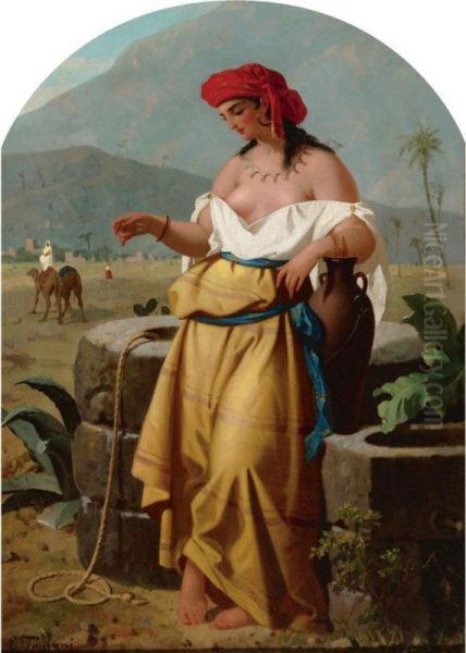 A Young Hay Gatherer And A Water Carrier By The Fountain Oil Painting by Enrico Fanfani