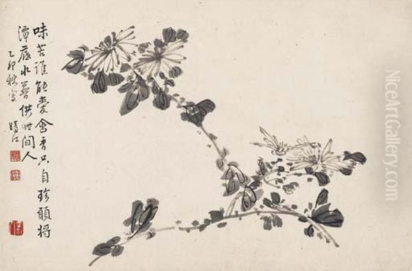 Chrysanthemums In Ink Oil Painting by Li Fangying