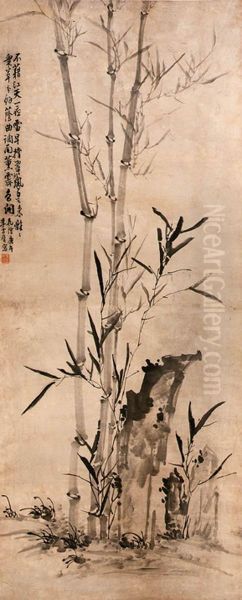 Bamboo And Rock Oil Painting by Li Fangying