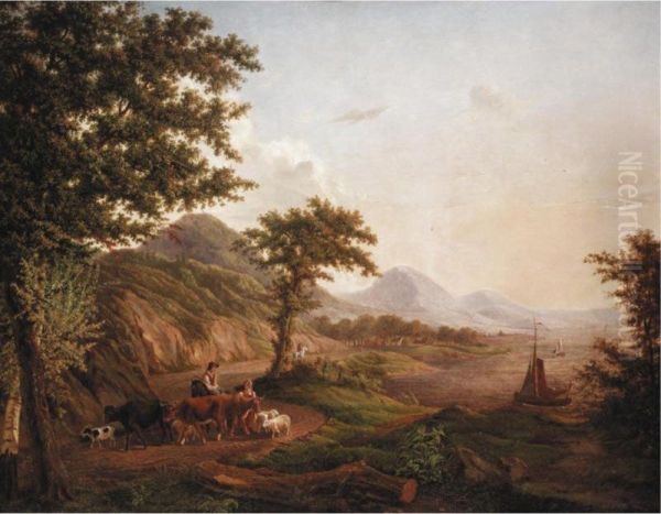 Herders By The Sea Oil Painting by Henri Ferdinand Fanton-Lekeu