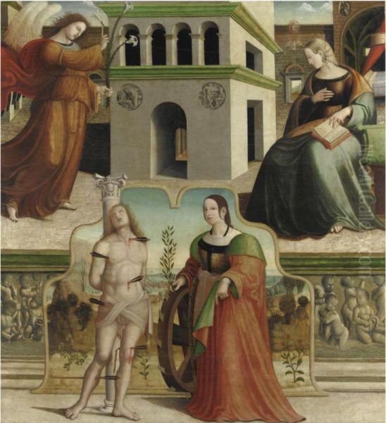 Annunciazione E I Santi Sebastiano E Caterina D'alessandria Oil Painting by Francesco Fantoni