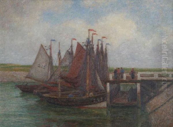 Visserssloepen Bij Het Staketsel Oil Painting by Edgard Farasyn