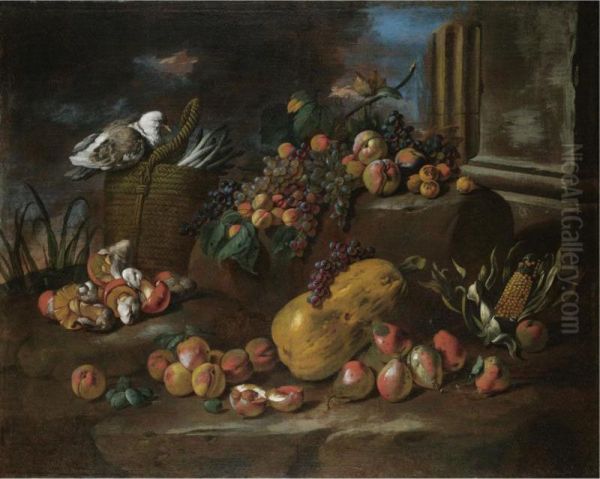 Still Life Of Peaches, Pears, Grapes, A Watermelon, Mushrooms, An Ear Of Corn And A Pigeon Resting On A Basket Of Asparagus, All Arranged In A Landscape Oil Painting by Giacomo Fardella