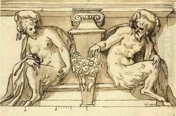 Architectural Design With Male And Female Satyrs Supporting Apediment Oil Painting by Paolo Farinati