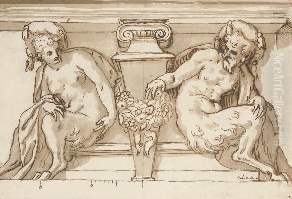 An Architectural Design With Male And Female Satyrs Supporting A Pediment Oil Painting by Paolo Farinati