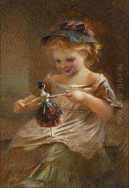 A Young Girl Playing With A Doll Oil Painting by Emily Farmer