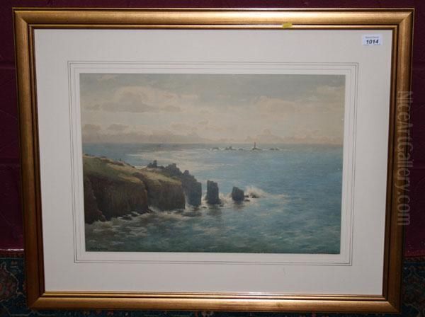 Sea Breaking Againstrocky Shore Oil Painting by John Farquharson