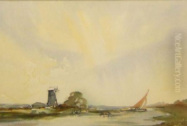 Broad Scene With Windmill Oil Painting by John Farquharson