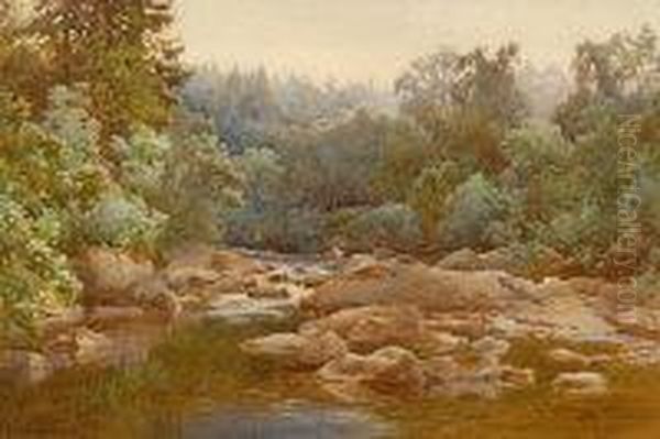 Farquarson Jnr - Rocky River Scene With Fishermen Oil Painting by John Farquharson