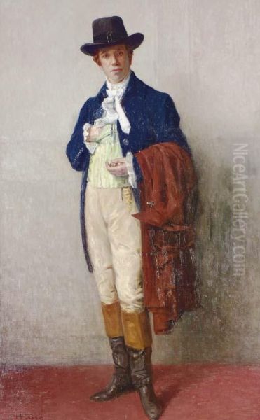 Portrait Of A Gentleman In A Striped Vest, Riding Boots Andhat Oil Painting by Henri Farre