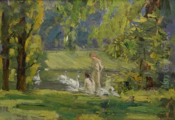 Baigneuses Sur Un Etang Anime Decygnes Oil Painting by Henry Farre