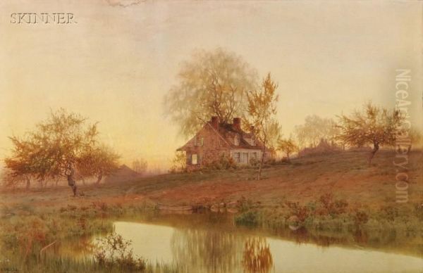 The Houses In The Old Orchard, Twilight Oil Painting by Henry Farrer