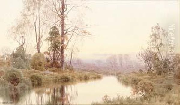 Dawn Breaking Over A River Landscape Oil Painting by Henry Farrer