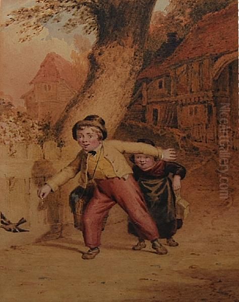 Two Children At Play Oil Painting by Robert Farrier