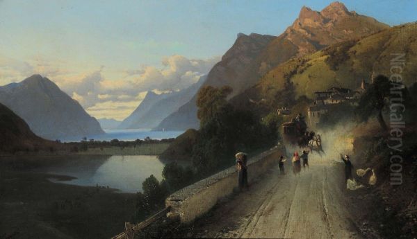 Strada Di Montagna Con Lago Oil Painting by Gaetano Fasanotti