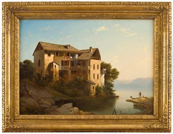 Veduta Di Lago Con Case E Figure Oil Painting by Gaetano Fasanotti