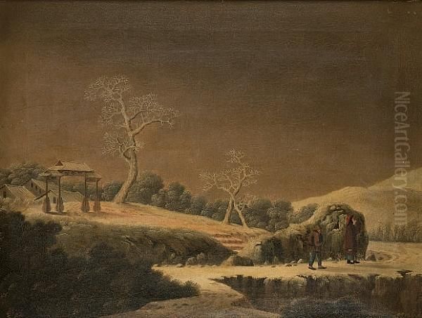 The Anchorage At Whampoa By Moonlight; Chinese Figures In A Winter Landscape, A Pair Oil Painting by Fatqua