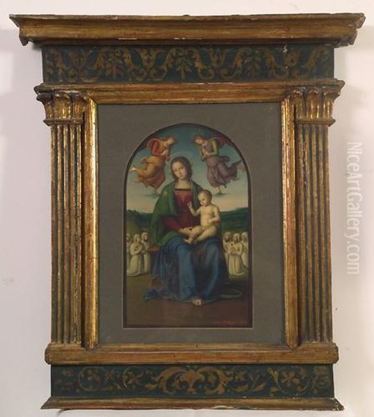 Madonna In Trono Col Bambino. Da Perugino. Oil Painting by Eliseo Tuderte Fattorini