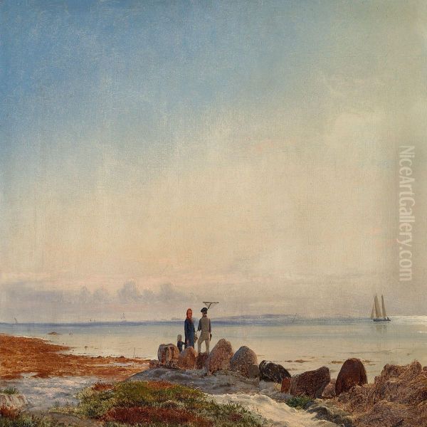 Fisherman And His Family On The Beach Oil Painting by Viggo Fauerholdt