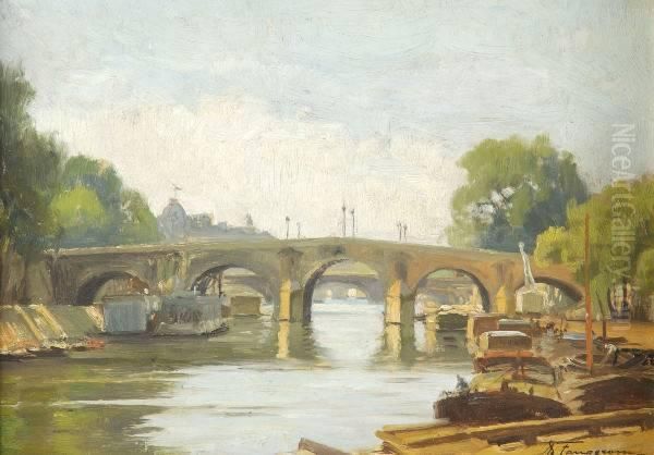 Bridge On The Seine, Paris, Signed Lower Right Oil Painting by Adolphe Faugeron