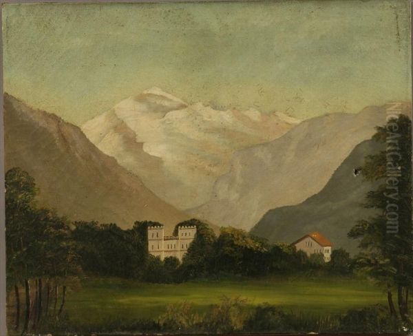 Landscape With Mountains And Buildings Oil Painting by A. Faulke