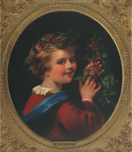 Winter - Girl In Holly Wreath Crown Holding A Sprig Ofholly Oil Painting by Benjamin Rawlinson Faulkner