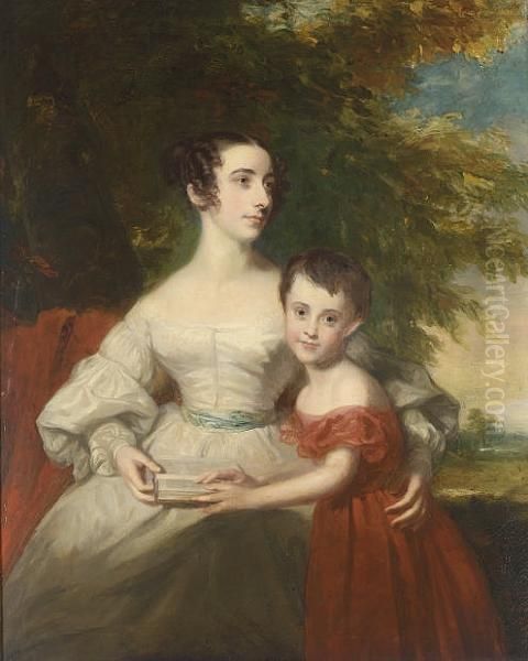 A Portrait Of A Mother And Her Son, Seated In A Landscape Oil Painting by Benjamin Rawlinson Faulkner