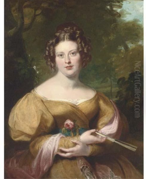 Portrait Of Mrs Peel, Half-length, Wearing A Gold Dress With A Pinkshawl, Holding A Rose And Fan, A Landscape Beyond Oil Painting by Benjamin Rawlinson Faulkner