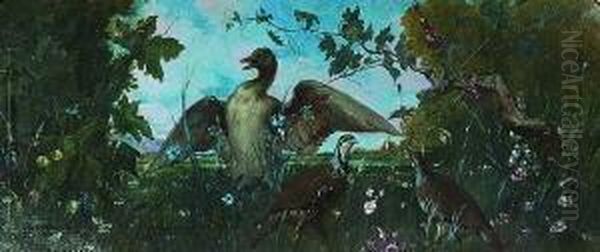 Ente Und Zwei Vogel Im
 Unterholz Oil Painting by Louis Faure