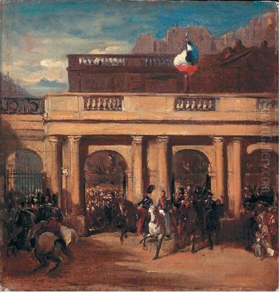 Le Duc D'orleans, Lieutenant General Du Royaume, Et Son Fils Le Duc De Chartres, Rentrant Au Palais Royal Le 4 Aout 1830 Oil Painting by Victor Amedee Faure