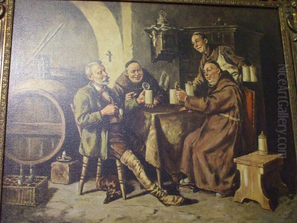 Monks In An Inn Drinking Ata Table Oil Painting by Heinrich Faust