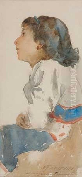 Profile Of A Seated Girl In Local Costume Oil Painting by Modesto Faustini