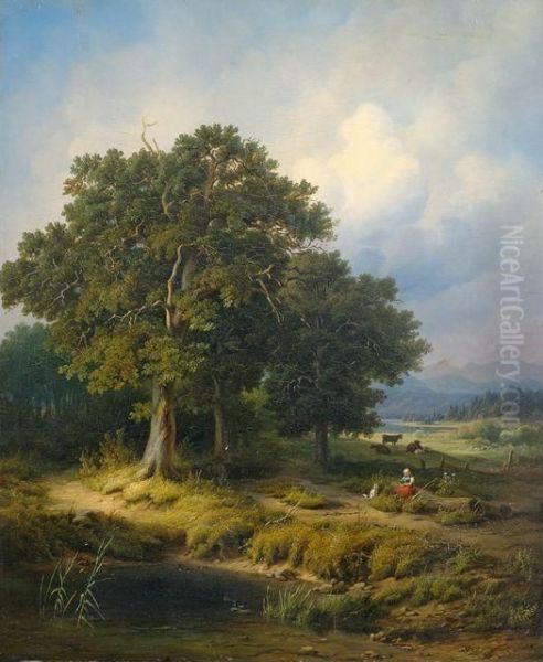 Sommerliche Vorgebirgslandschaft Mit Tier- Und Figurenstaffage Oil Painting by Leonhard Faustner