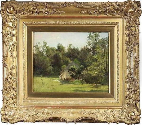 Cottage At The Skirt Of A Wood. Oil/canvas/cardboard, Signed Oil Painting by Luitpold Faustner