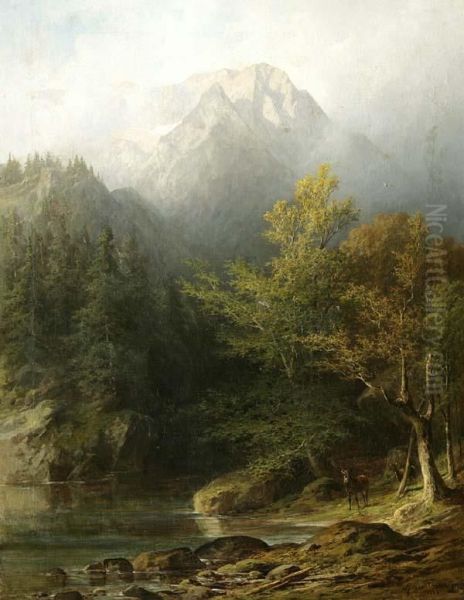 Romantische Gebirgsseelandschaft Mit Rotwild Oil Painting by Luitpold Faustner