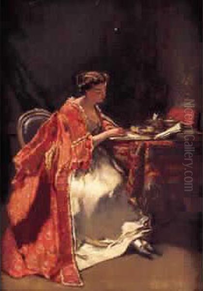  Jeune Femme Lisant Dans Un Interieur  Oil Painting by Jean-Baptiste Fauvelet