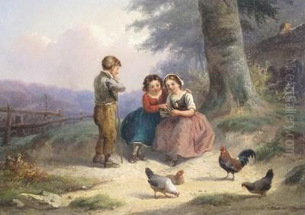 Children Feeding The Chickens Oil Painting by Robert Favelle