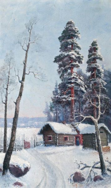 Snow In The Back Yard Oil Painting by Ellen Favorin