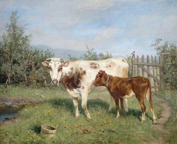 Kuh Und Kalbchen Auf Sommerlicher Weide Oil Painting by Ludwig Benno Fay