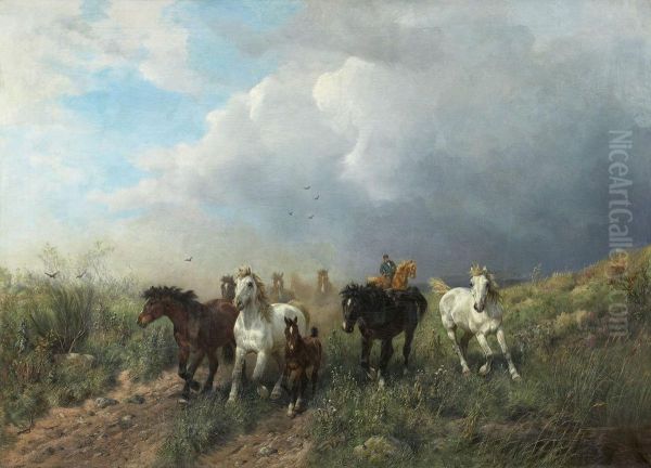 Wiesenlandschaft Mittrabenden Pferden Oil Painting by Ludwig Benno Fay