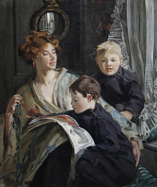 A Portrait Of A Mother And Her Two Sons Oil Painting by Hilda Fearon