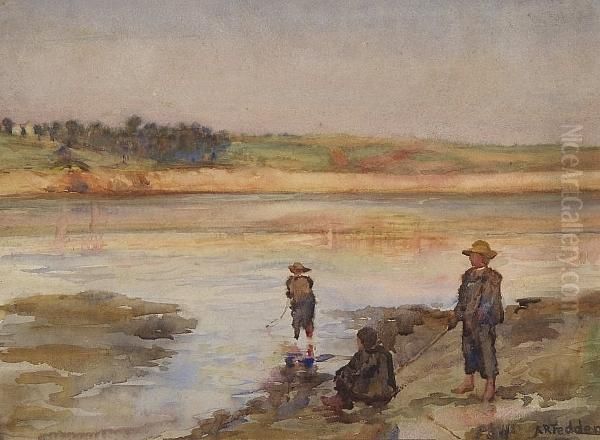 Boys Fishing In An Estuary Oil Painting by A. Romilly Fedden