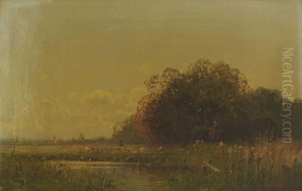 Uferlandschaft Mit Schafherde Oil Painting by Otto Fedder