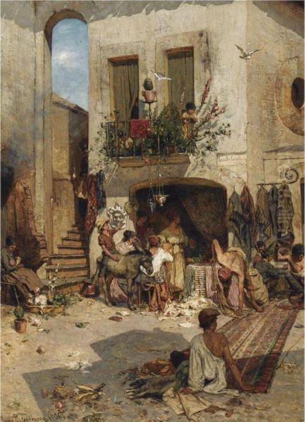 A Busy Italian Marketplace (piazza Tre Carreli) Oil Painting by Hans Peter Ii Feddersen