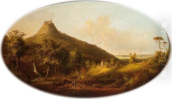 Figures On A Country Road, Castle Hohenzollern In The Background Oil Painting by Carl Fedeler