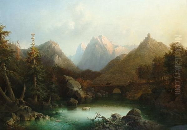 The Mountain Pass 'fedler' (lower Right) Oil Painting by Carl Fedeler