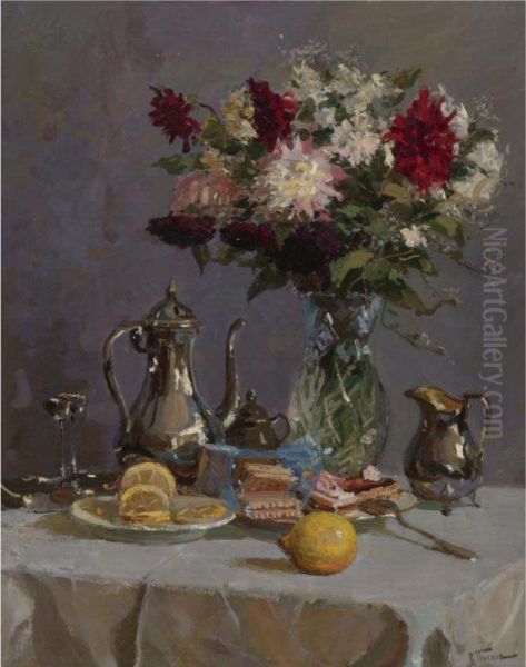 Still Life With Teapot And Flowers Oil Painting by Vladimir Nikolaevich Fedorovich